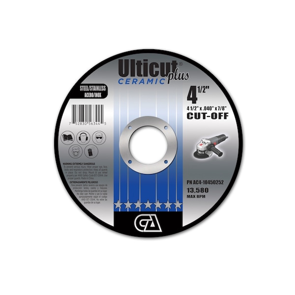 Continental Abrasives 4-1/2" x .040" x 7/8" Ceramic Ulticut Plus T27 Double Reinforced Cut-Off Wheel for Stainless/Steel AC4-10450252 - main